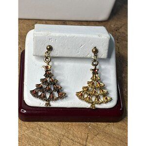 Vintage Gold & Silver Christmas Tree Drop Earrings With Red Rhinestones Festive